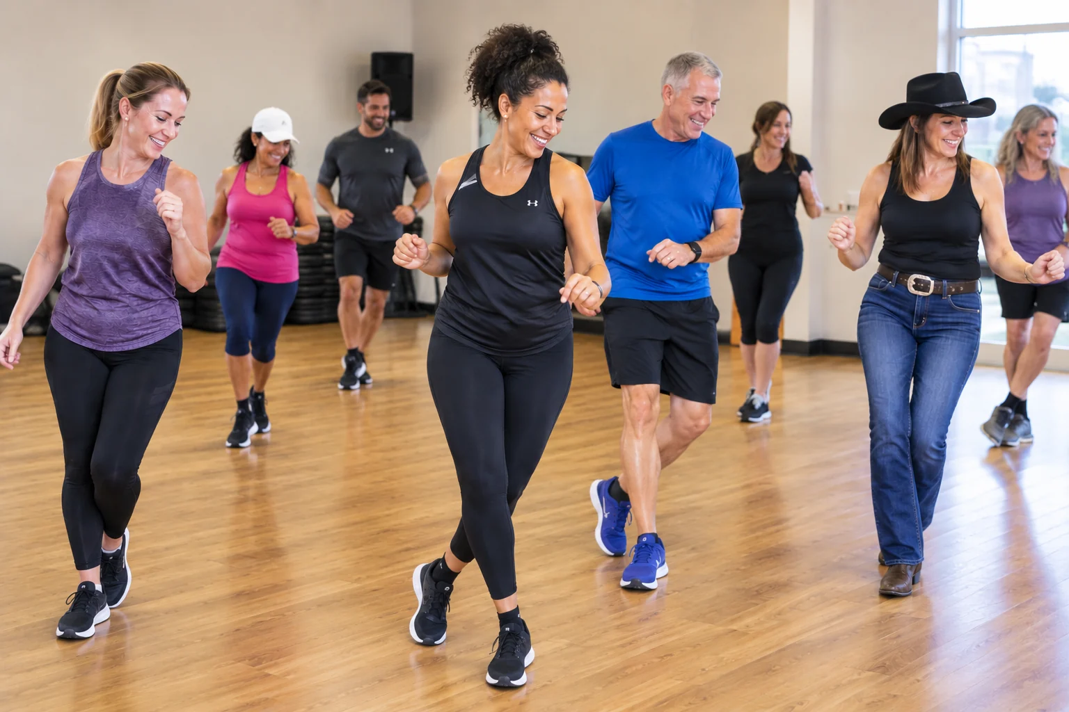 Adults enjoying a group line dancing routine in a bright hall